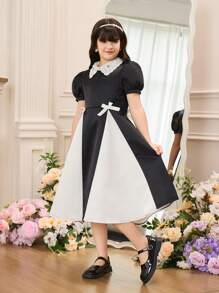 Tween Girls' Elegant Colorblock Puff Sleeve Bow Decor A-Line Dress - Black - View 4