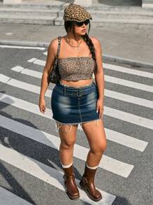 SHEIN ICON Saia Denim Casual de Verão Plus Size com Barra Desfiada e Lavada - Azul - Visão 3