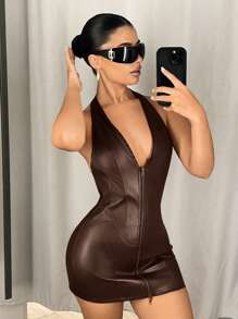 SHEIN ICON Đầm ôm body mini da PU cổ chữ V sâu có khóa kéo phía trước - màu nâu - Xem 4