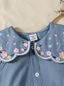 SHEIN Playful Pals 女婴休闲日常蓝色荷叶边领刺绣花卉无袖连体衣，适合外出或舒适百搭穿着 - 藍色 - 查看 7
