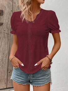 SHEIN LUNE 度假休闲纯色镂空刺绣泡泡袖T恤 - 酒紅色 - 查看 5