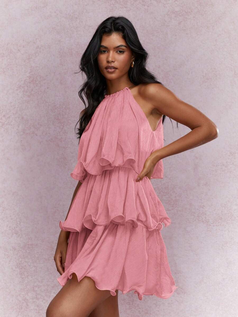 MISSGUIDED 层叠荷叶边挂脖迷你连衣裙 可爱太阳裙 - 淺粉色 - 查看 1