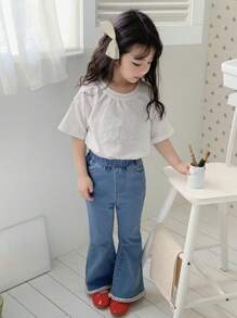 DAZY Young Girl Round Neck Embroidered Knit Short Sleeve T-Shirt, Summer - White - View 2