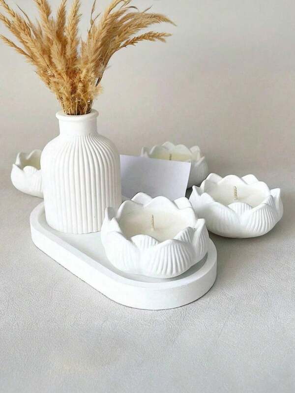 SHEIN 3pcs Silicone Mold Set, Lotus Candle Holder, Oval Tray, Striped Flower Pot Molds, Multipurpose DIY Craft Kit For Resin, Concrete, Plaster - Perfect For Home Decor And Jewelry Display