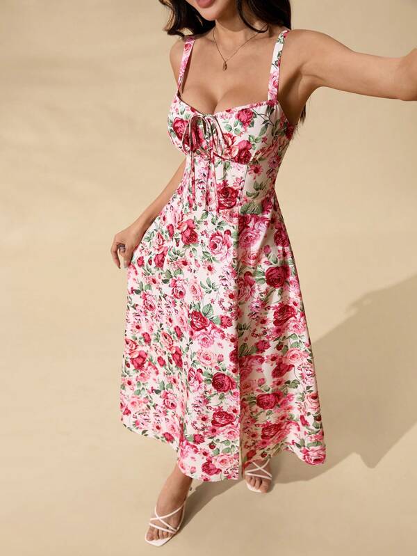 SHEIN PETITE Women Elegant Floral Full Print Slit Strap Dress, Summer,Cruise Women Outfits,Pink Dress,Women Dress,Beach Women Outfits,Maxi Dress,Summer Dresses For Women
