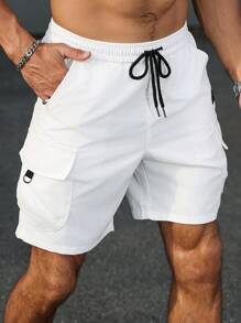 Manfinity Homme Men's Solid Color Elastic Waist Straight Leg Cargo Shorts - White - View 2