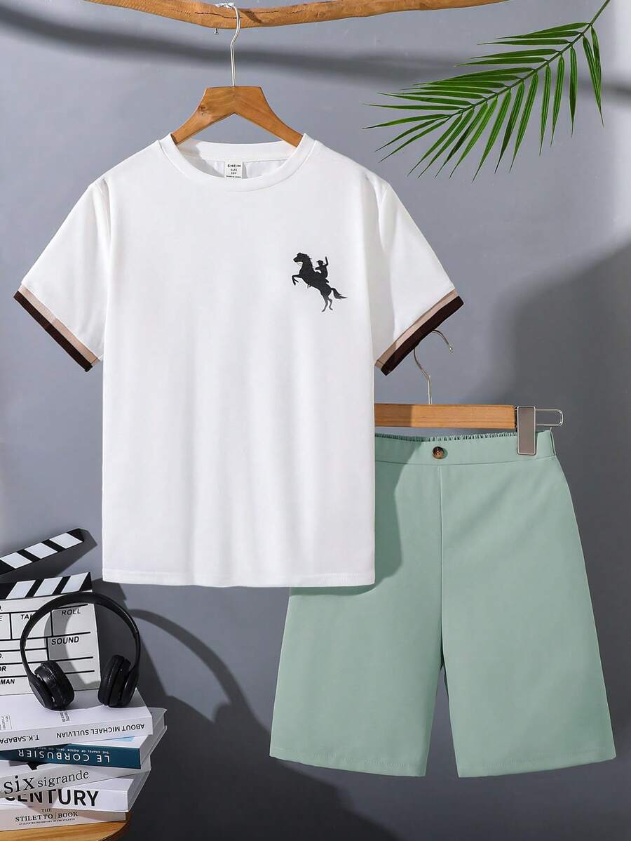 SHEIN Bộ 2 áo thun tay ngắn họa tiết ruy băng phong cách sinh viên thường ngày cho bé trai tuổi teen, thích hợp mặc đi làm, đi học, mặc thường ngày, thể thao, xuân/hè, tiệc tùng - Màu xanh Bạc hà - Xem 1