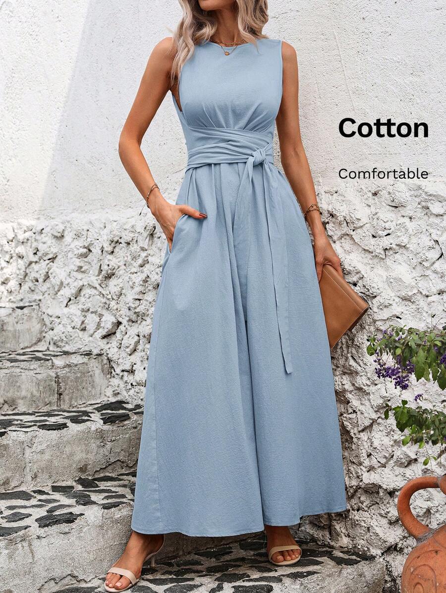 SHEIN Clasi 女士简约无袖纯色分层休闲连衣裙，日常穿着 - 淺藍色 - 查看 1