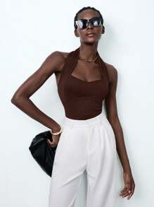 Lumivelle Women's Solid Color Elastic Halter Backless Bodysuit, Slimming And Minimalist Design - Brown - View 6