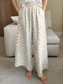 DAZY Ditsy Floral Loose Fit Wide Leg Capri Pajama Pants For Women, Fall, Winter