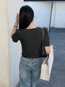 DAZY 女士纯色泡泡袖短袖衬衫，蓝色，春夏 - 黑色 - 查看 2