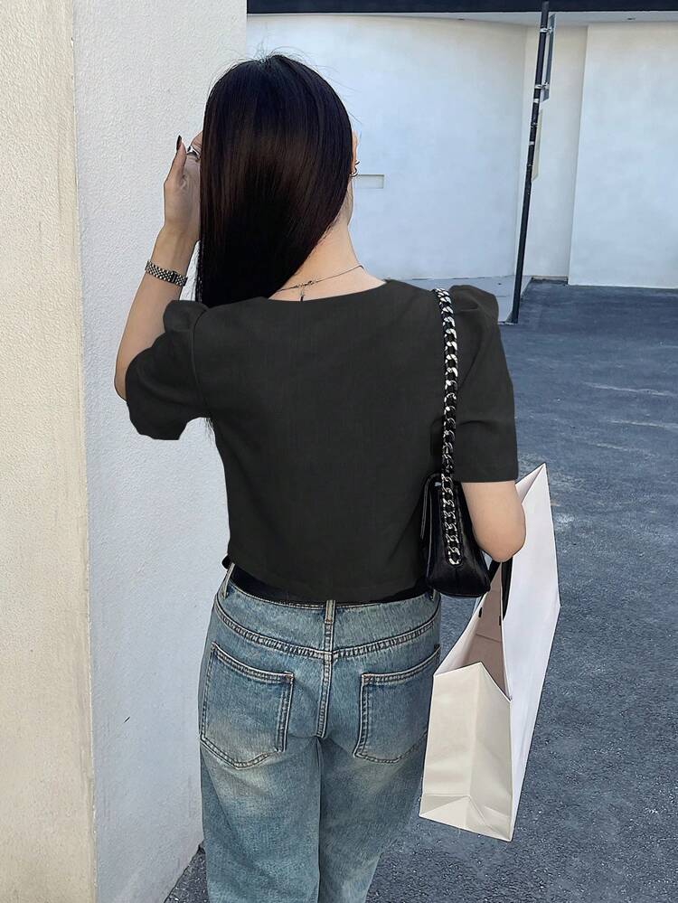 Women Plain Puff Sleeve Short Sleeve Shirt, Blue, Spring/Summer