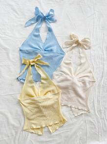 Soleia 3 件套 V 领系带扭结不对称下摆修身吊带背心，适合女士，黄色、米色、浅蓝色，适合节日、约会、下午茶、度假、音乐节、波西米亚风、夏季、海滩 - 彩色 - 查看 3