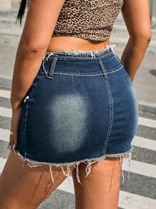 SHEIN ICON Saia Denim Casual de Verão Plus Size com Barra Desfiada e Lavada - Azul - Visão 2