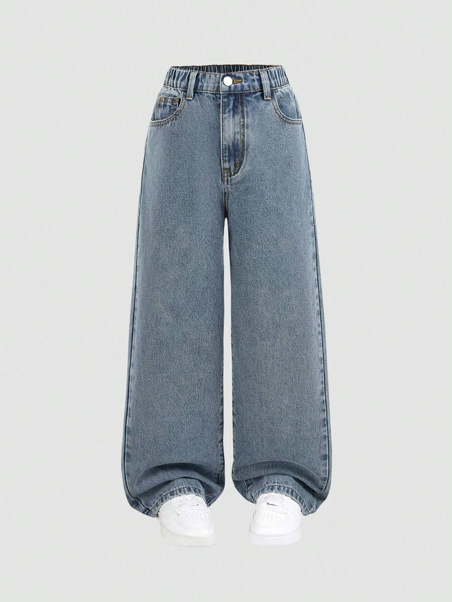 SHEIN 酷酷女孩休闲迷彩牛仔长裤，大胆优雅的学院风 - 深色水洗藍 - 查看 1