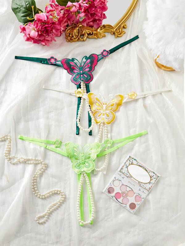 SHEIN Classic Sexy 3pcs/Pack Plus Size Women Embroidered Butterfly Open-Crotch Pearl Sexy Panties