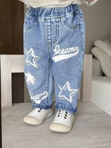 SHEIN Baby Boy Summer Casual Soft Cute Blue Denim Tapered Jeans With Alphabet And Stars Pattern, For Baby Spring/Summer Indoor/Outdoor Wear And Daily Wear - Medium Wash - View 7