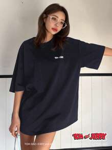 TOM AND JERRY X DAZY 宽松圆领字母印花长款休闲短袖T恤女可爱上衣超大码T恤，教师装学院风上衣