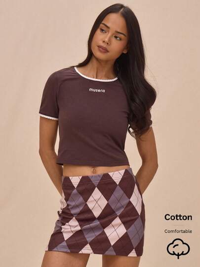 MUSERA Jersey Contrast Scalloped Trim "" Print Fitted Cropped Top Spring Summer Tops 90s Book Shop