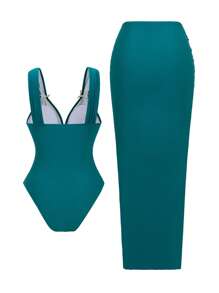 Swim Oasis Damen Zweiteiler mit peacock-blauem Rock mit dickem Träger und goldenem Seestern Dekor und vorderer Raffung