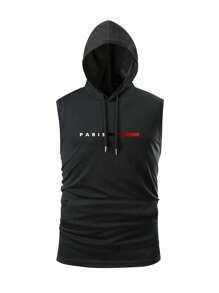 Manfinity Homme Men's Casual Letter Print Drawstring Hooded Tank Top, Summer - Black - View 3