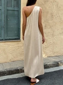 Selianne Women's Off-Shoulder 3D Flower Linen Vacation Style Dress - Apricot - View 2