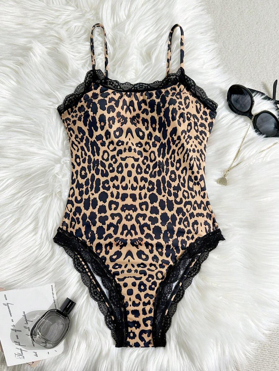 SHEIN Swim Sunshine Beach Wear Animal Print Lace Trim Spaghetti Strap One-Piece Swimsuit For Women - Multicolor - View 1