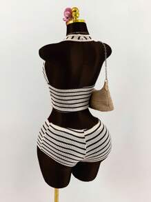Amplova Boho Vacation Summer Outfits For Women Vacation Outfits  2pcs Set Plunging Neck Tie Front Very Low Waist Striped Mini Shorts Island Vacation Outfits