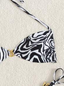 Swim Vcay 2pcs Spring Break Leopard Print Halter Top & Side Tie Bottoms Sexy Bikini Set With Random Gold Accessories For Summer Beach Vacation - Black and White - View 3