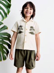 THE HAPPY LOOK Young Boys Summer Beach Coconut Tree Print Shirt And Shorts Set