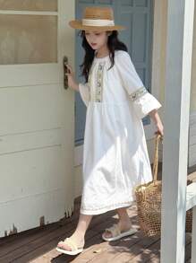 DAZY Tween Girls Solid Color Long Sleeve Crew Neck Casual Dress, Suitable For Summer,Back To School Clothes