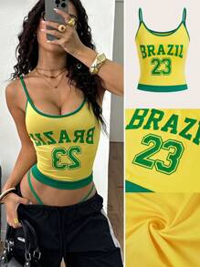Coolane Women's Summer Streetwear Concert Game Day Sports Wear Contrast Piping Brazil Graphics Cami Top, Rave Festival - Multicolor - View 3