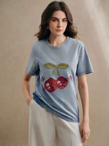 Anewsta 复古水洗樱桃刺绣串珠针织圆领 T 恤，女款，夏季休闲 - 藍色 - 查看 5