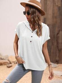 SHEIN LUNE Áo thun nữ tay ngắn có dây rút cài nút nửa cổ cánh dơi trơn màu, áo thường ngày - trắng - Xem 5