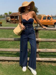 DAZY Mono de mezclilla holgado y casual de mujer con top bandeau y cinturón, para verano