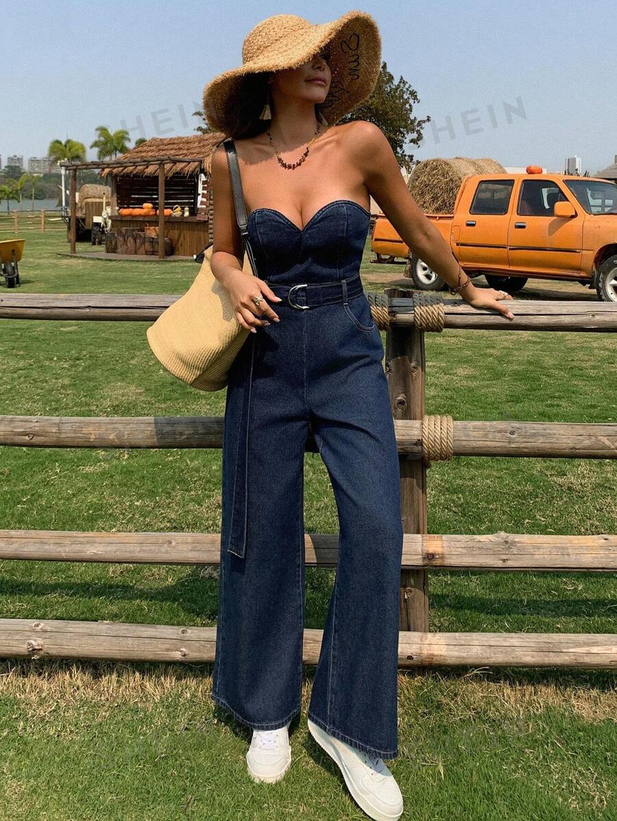DAZY Mono de mezclilla holgado y casual de mujer con top bandeau y cinturón, para verano