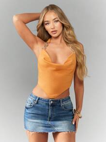 MISSGUIDED Top canottiera con scollo a imbuto, catena al collo, schiena scoperta, adatto per feste in discoteca, festival, spiaggia e resort estivo, con dettagli del nastro