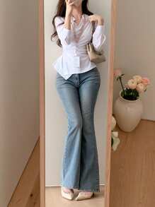 DAZY Asymmetrisches Design Langarm Raffung Taille Frauen Bluse