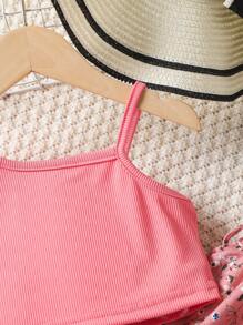 SHEIN 2pcs/Set Young Girl Summer Vacation Casual Solid Asymmetric Neck Camisole And Wide Leg Ditsy Floral Pants Set,Holiday,Summer, Travel - Pink - View 7