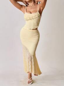 SHEIN PETITE Bộ đồ hai mảnh ren xuyên thấu viền bất đối xứng cho kỳ nghỉ xuân hè dành cho nữ và váy đuôi cá nhún bèo dài bất đối xứng cạp thấp - Màu vàng - Xem 5
