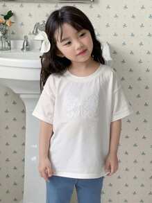 DAZY Young Girl Round Neck Embroidered Knit Short Sleeve T-Shirt, Summer - White - View 7