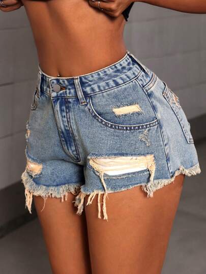 SHEIN Tall Pantalones cortos de mezclilla simples y de moda para mujer, adecuados para el verano