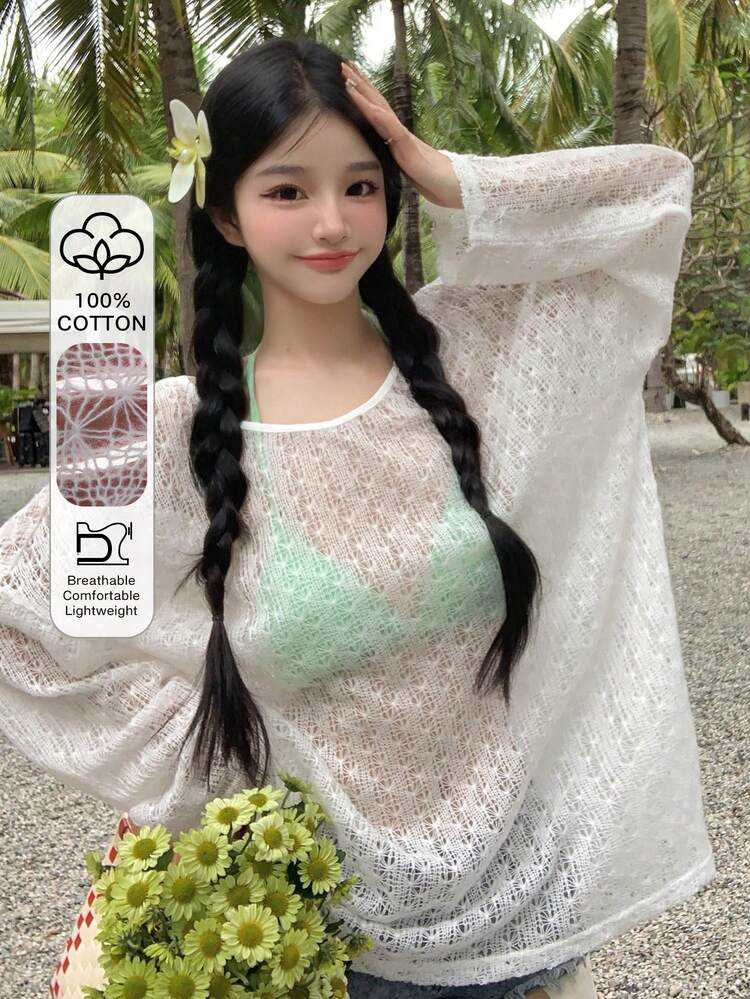 Women Loose Batwing Sleeve Sheer Long Sleeve Round Neck Casual T-Shirt