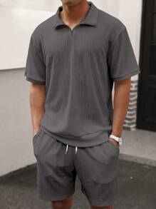 Manfinity Homme Men's Solid Color Short Sleeve Polo Shirt And Shorts Set, Summer Casual - Grey - View 4