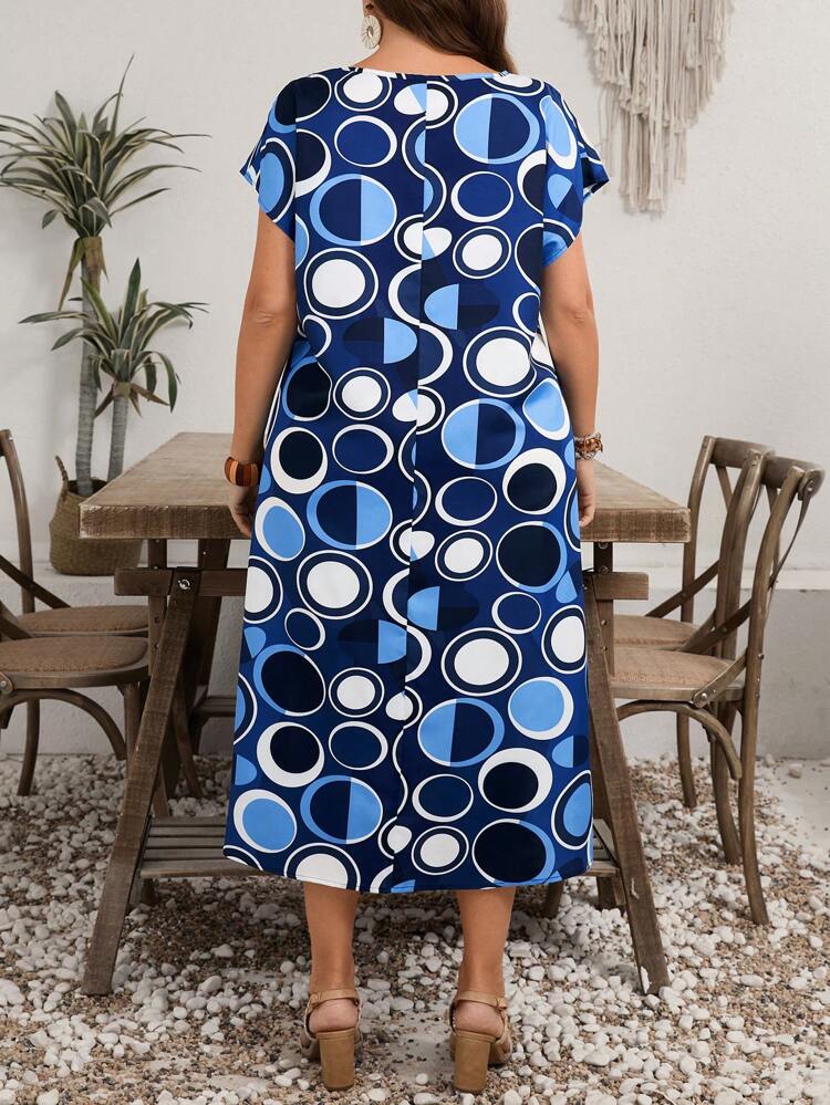 Plus Size Women's Blue Midi Dress: Casual Round Neck Cap Sleeve Tiered Layer Circle Print Woven Dress