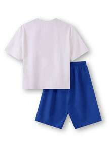 SHEIN Leap Crew 2 件套青少年男孩夏季字母印花圆领短袖休闲 T 恤和抽绳腰短裤套装，返校；春装；青少年男孩服装；青少年男孩夹克，春季返校 - 寶藍色 - 查看 2