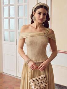 ZEYLAH Elegant Asymmetric Neck 2 In 1 Pleated Patchwork Dress - Apricot - View 3