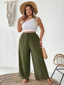 SHEIN CURVE+ Plus Size Summer Women Casual Beach Wear Fashion Office Lady Elegant Wide Leg Pants, Pocket Pants, Beach Holiday