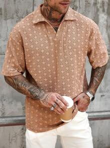 Manfinity CasualCool Men's Vacation Casual Style Featuring An INS-Inspired Spring/Summer Vacation Look In A Brown Crocheted Knit Jacquard Short-Sleeve V-Neck Polo Shirt. This Loose-Fit Piece Is Perfect For Music Festivals, Hawaiian Beach Vacations, As Well As Everyday Wear. It Makes A Great Gift For Boyfriends Or Husbands, Exuding French Elegance, Romance, And A Bohemian Vibe. Men's Summer Casual Textured Jacquard Knit Polo Shirt , Polo Shirts For Men , Men Shirts Polo , Vintage Shirts For Men , Polos For Men , Polo Shirt For Men - Brown - View 3