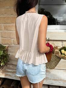 SHEIN Frenchy Women's Vacation Solid Color Front Tie Ruffle Hem Sleeveless Blouse Summer Casual Elegant - Apricot - View 2